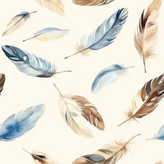 Serene watercolor doodle of colorful feathers scattered on a soft background