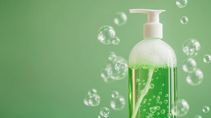 Green Liquid Soap with Bubbles on Soft Green Background
