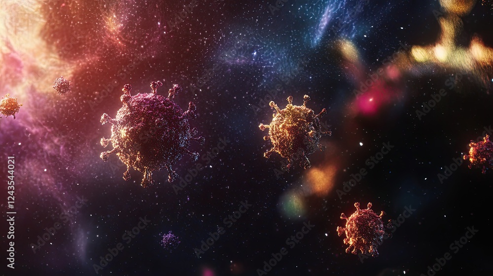 Poster abstract visualization of viruses in cosmic space with stars and colors