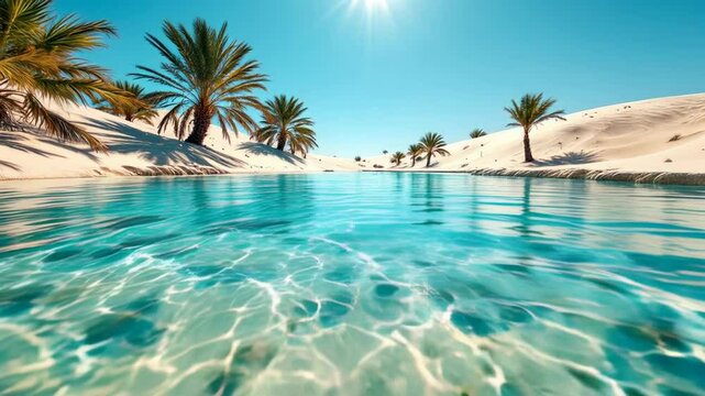 A breathtaking turquoise oasis in a desert, surrounded by palm trees and white sand dunes. Sunlight creates water reflections, emphasizing the refreshing contrast. Exotic, paradise escape landscape vi