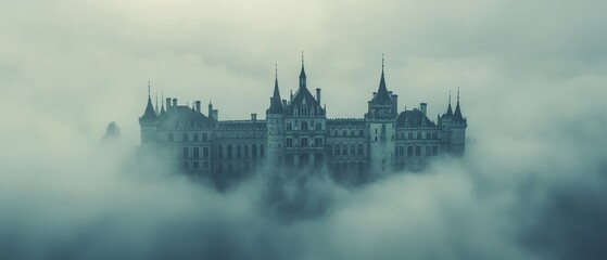 Obraz premium Mysterious building rises above dense fog in the early morning light