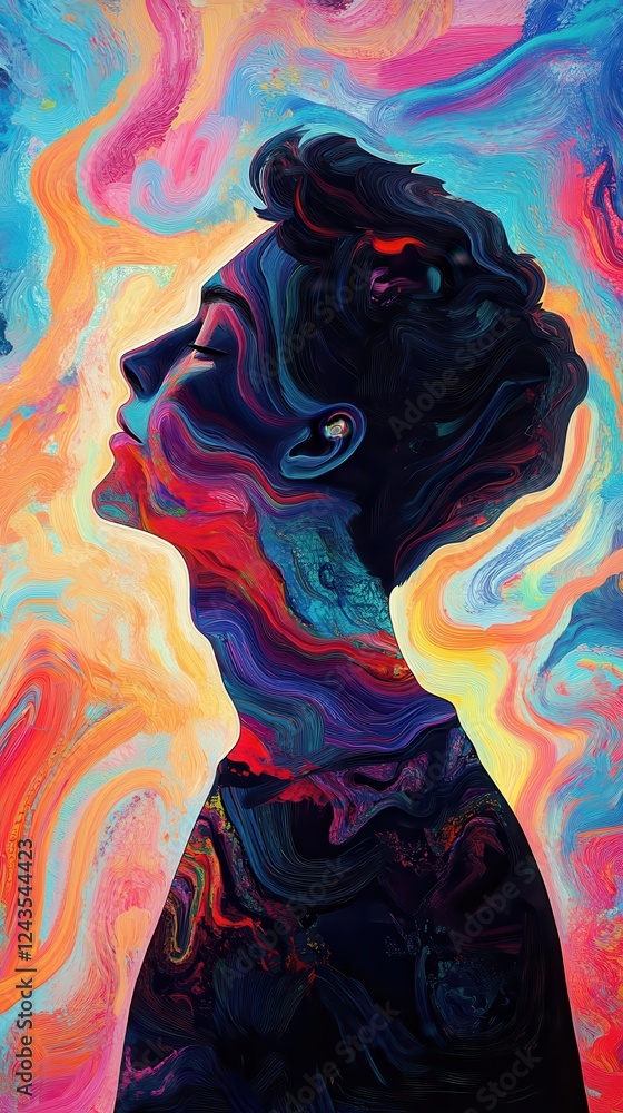 Poster portrait of a painter illuminated by vibrant colors and textures with a dreamy background
