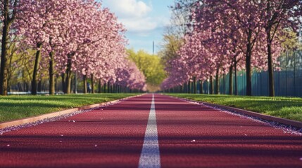 Running track with embedded sensors surrounded by blossoming trees during springtime in a park