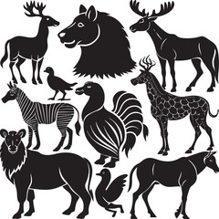 Black and White Silhouettes of Various Wild Animals