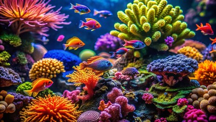 Fototapeta premium Macro Shot: Vibrant Coral, Tropical Fish, and Aquatic Plants in a Home Aquarium Setup