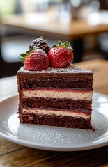 Delicate French layered cake slice with chocolate and strawberry on white plate