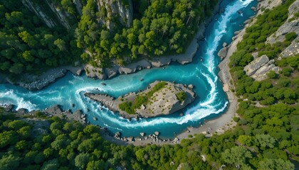 "Pristine Wilderness: Aerial View of a Turquoise River Winding Through a Rocky Gorge"