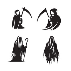  Ghostly wraith with tattered robes, Grim Reaper with a scythe silhouette

