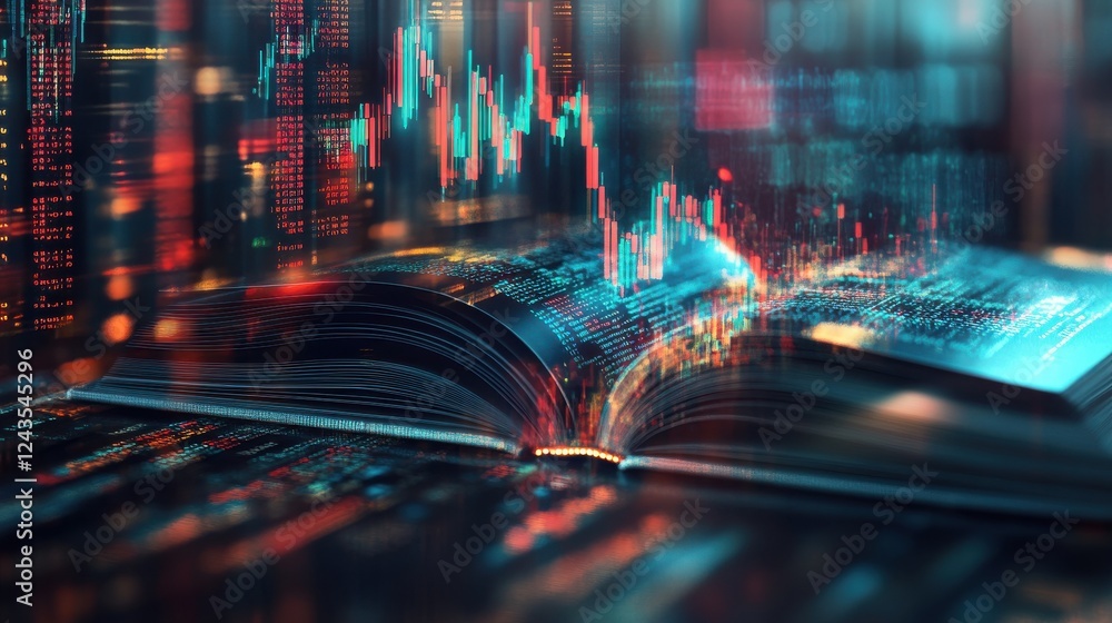Poster professional design featuring open book with digital data visualization on pages