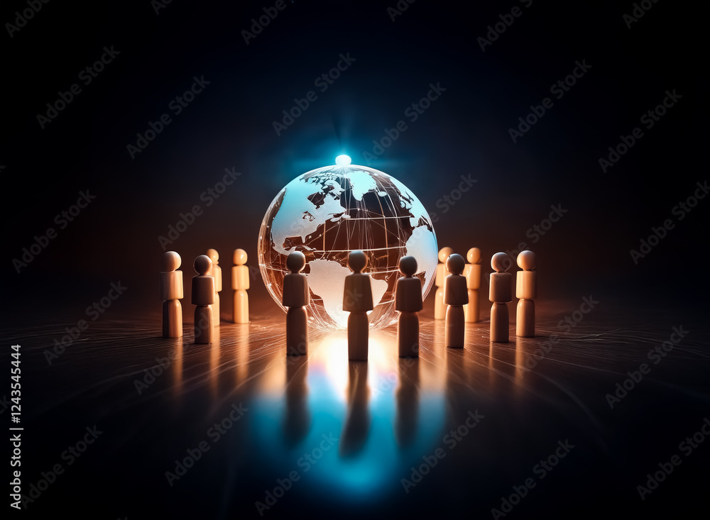 Poster A group of wooden figures encircles a glowing globe in the dark. Light shines from above and emanates from within the world, illuminating the scene.