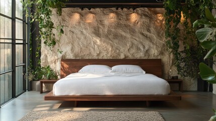 Modern bedroom with wooden bed, stone wall, and plants.