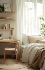 Minimalist Bedroom with Light Wood Furniture and Sheer Curtains