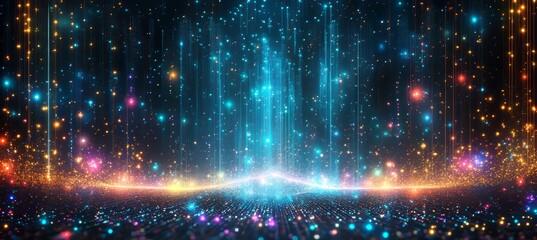 Sparkling particles curtain cascading over vibrant network of lines forming a futuristic stage