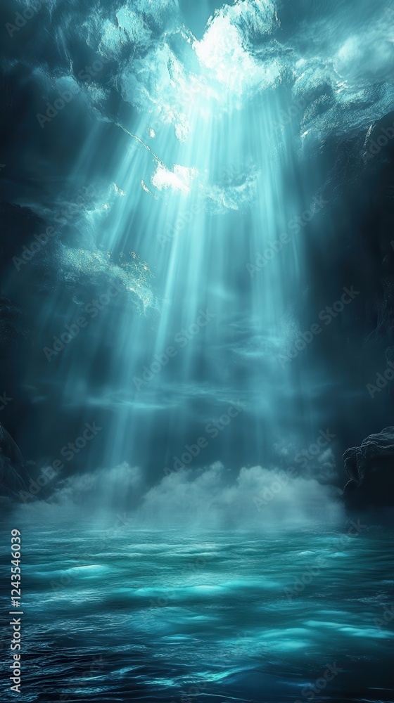Poster mystical teal waters illuminated by soft rays of light in a serene underwater cave environment