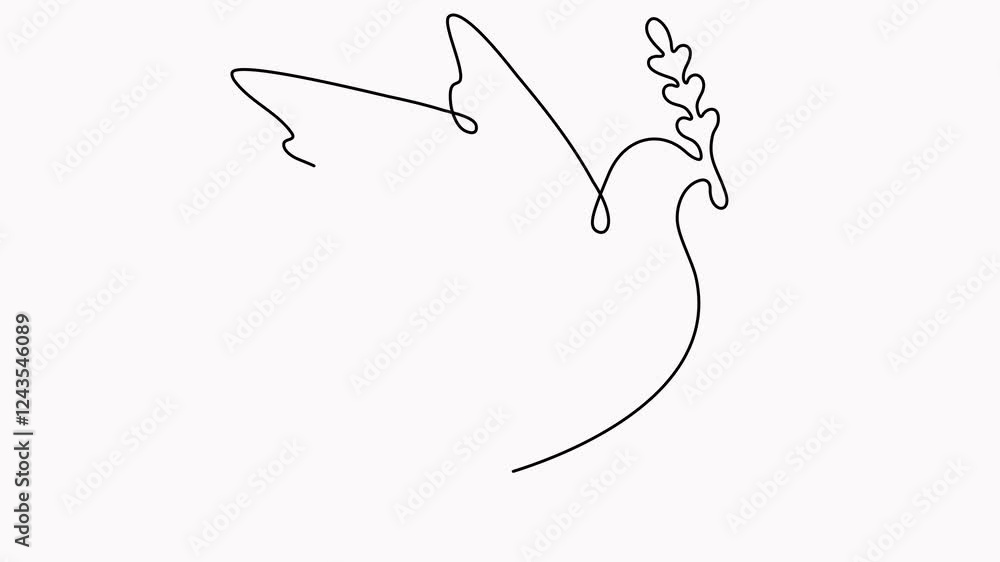 Poster flying dove with olive branch continuous line drawing video. freedom bird animation. animated symbol