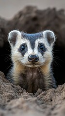 Obraz premium HD Phone Wallpaper Adorable American Badger Kit Peeking from Burrow Wildlife Close up