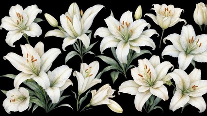 White lilies arranged artistically on a black background showcasing natural beauty and elegance