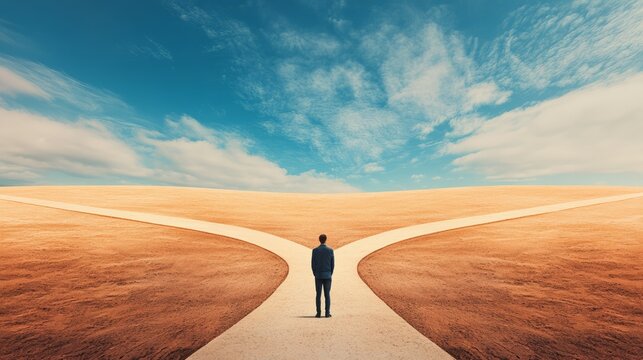 Businessman standing at a crossroads, contemplating the two paths ahead, symbolizing difficult career choices and the challenge of making the right decision