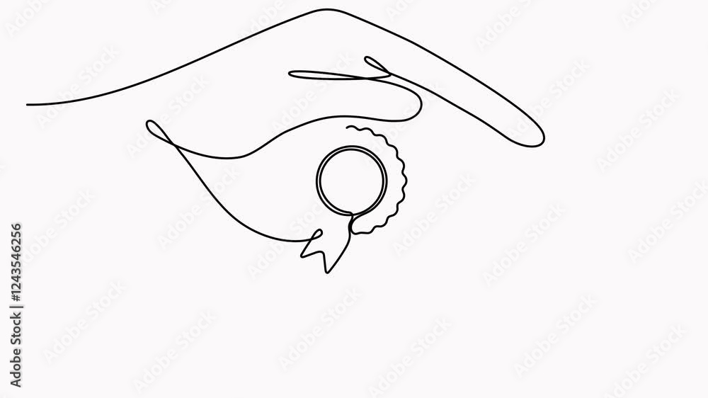 Poster award badge in hands continuous line art drawn animation winning ribbon with wave line animated vide