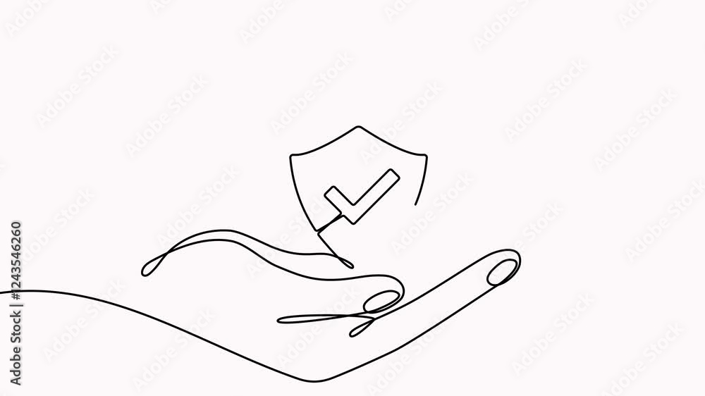 Poster hand holds shield badge with checkmark continuous line animated video. guard sign animation.