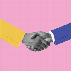 A collage banner with a handshake theme. men hands make a deal. Handling halftone effect with doodles on blue checkered background with hand drawn texture. Vector trendy illustration