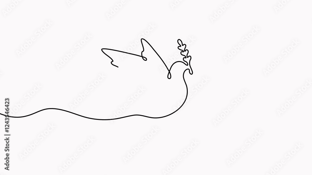 Poster flying dove with olive branch continuous line drawing video. freedom bird animation. animated symbol