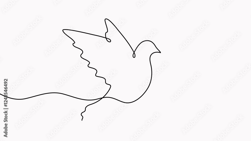 Poster flying dove with heart shape continuous line drawing animated video. love and freedom bird concept a