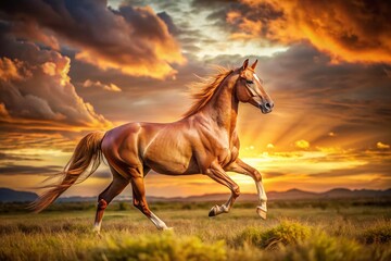 Obraz premium Majestic Akhal Teke Stallion Sunset Walk - Long Exposure Equestrian Photography