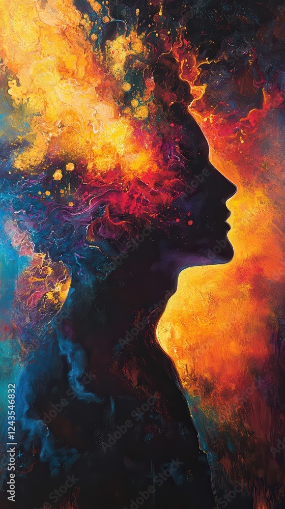 Poster mystical portrayal of a man's profile filled with vibrant colors and abstract patterns
