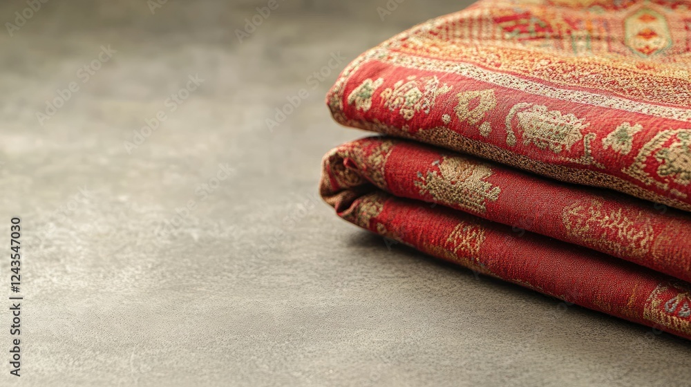 Poster red textile with intricate patterns folded on textured surface
