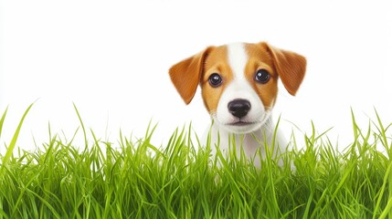 Cute Puppy Peeking Through Green Grass in Bright White Background