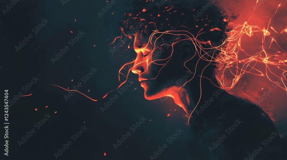 Poster mysterious profile of a man illuminated by vibrant energy against a dark backdrop