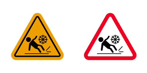 Slippery ice signs in yellow and red colors