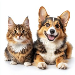 Obraz premium Happy Dog and Cat Pair Relaxing Together on White Background, Best Friends in a Playful and Cute Setting, Adorable Companionship and Friendship Theme