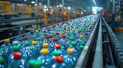 Obraz premium Bottles on a conveyor belt in a busy factory setting, showcasing production and logistics