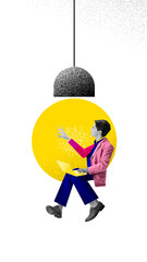Innovation and Ideas. Young man sitting next to glowing light bulb and working on laptop. Inspiration, creativity, and brainstorming. Concept of social media, influence marketing, communication