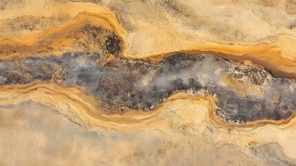 Expansive aerial top down view of a vast serene desert landscape with undulating sand dunes and minimalist abstract patterns  The arid