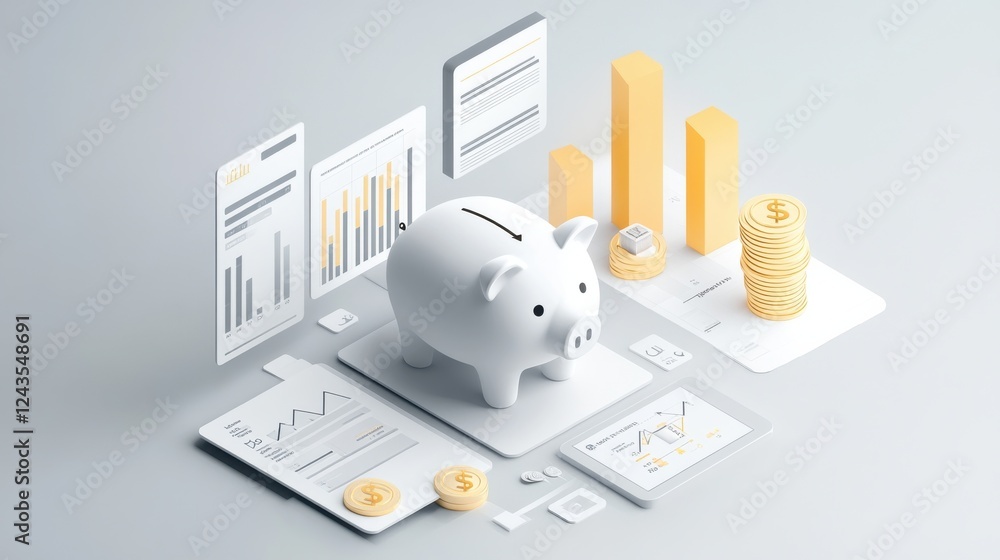 Poster minimalist design showcasing a piggy bank with financial charts and coins in a modern setting