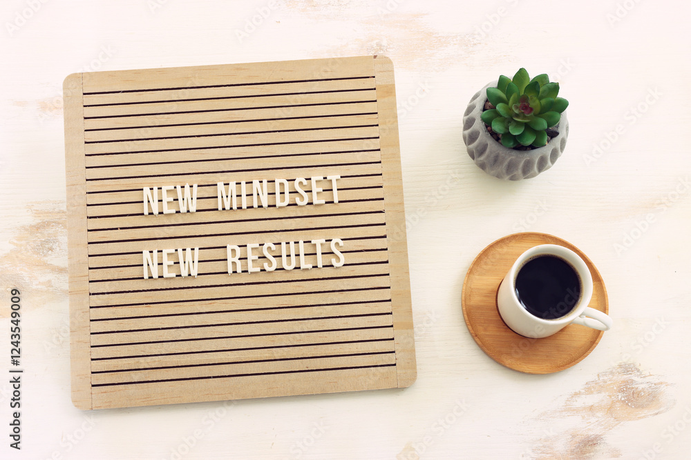 Poster top view image of table with wooden board and the text new mindset. success and personal development