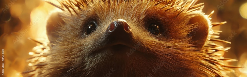 Poster detailed close-up of a hedgehog's face showcasing its unique features and texture in natural light