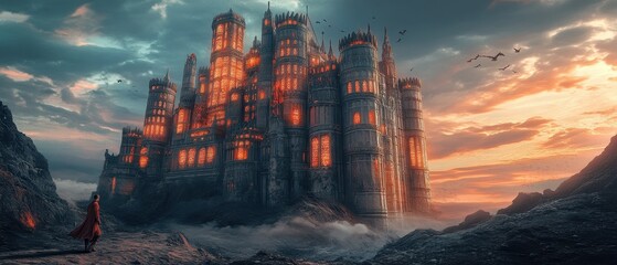 Fototapeta premium Magnificent pyramid rising from clouds features glowing pathways and dramatic sky at sunset over an ethereal landscape