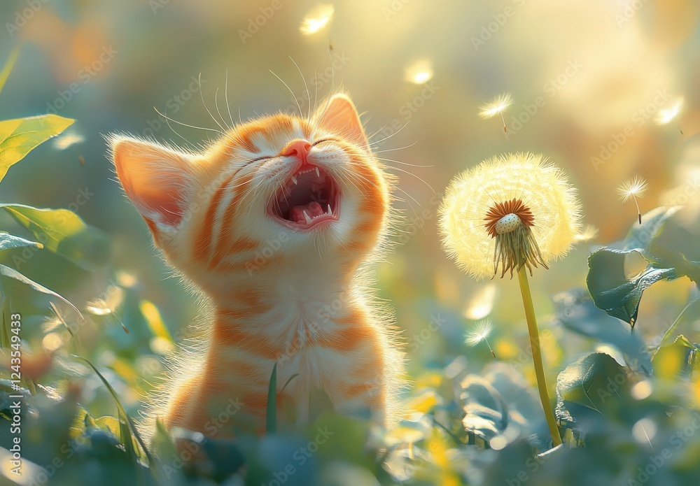 Poster joyful ginger kitten playing in a field of dandelions with soft light and dreamy bokeh background ef