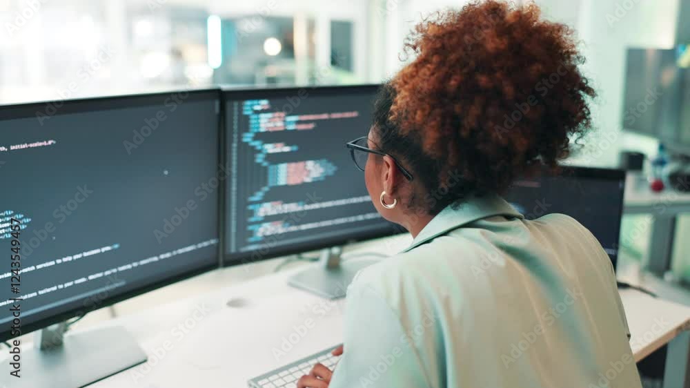 Poster Screen, it support or woman developer on computer for coding research, project or cybersecurity update. Back, system or programmer on technology for web development, programming or building software
