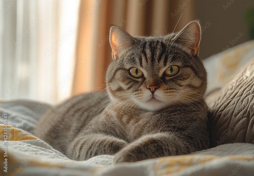 Poster lying tabby cat relaxing on soft blanket with warm sunlight filtering through sheer curtains in cozy
