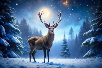Majestic Deer in Winter Wonderland: Night Snow Scene Stock Photo