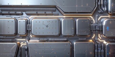 Obraz premium Futuristic Metal Panel Wall with Industrial Design Elements and Glowing Lights
