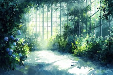  Enchanting greenhouse with white wooden panels and magical glow warm light shining from within, soft blues and greens blending into serene mood, watercolor splashes adding dreamy, artistic feel.