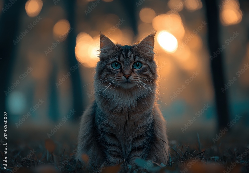 Poster majestic cat staring intently in an autumn forest during golden hour with soft warm bokeh background