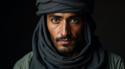 Portrait of a Man with a Calm and Serene Expression, Dressed in a Traditional Head Covering