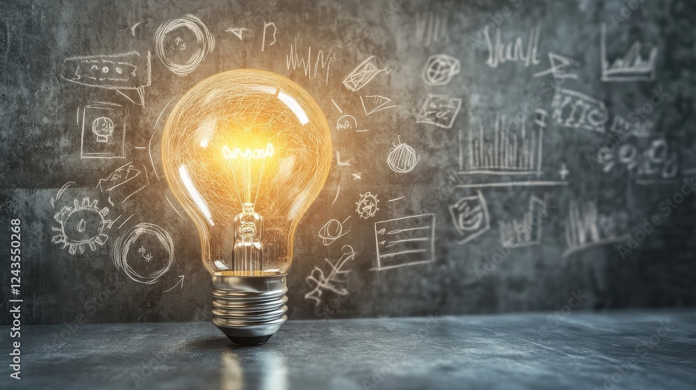Poster glowing light bulb illuminating a dark room with metallic base and creative sketches on wall